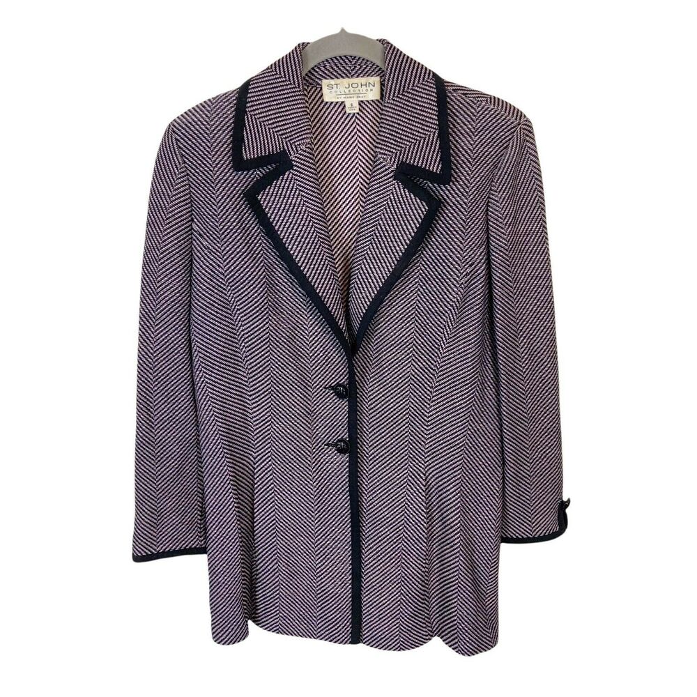 St. John Collection Knit Blazer Womens Black Pale Pink Knit Chevron Sz 6 Classic